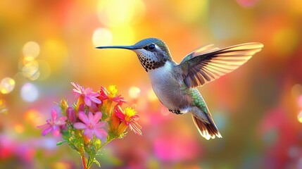 Fototapeta premium A vibrant hummingbird hovering delicately beside colorful flowers in a bright, sunlit garden full of soft bokeh effects