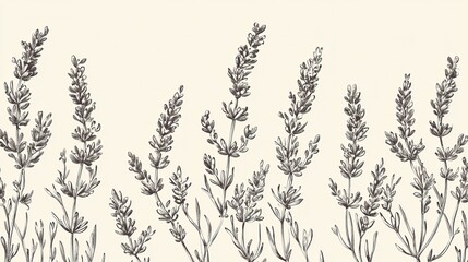 Fototapeta premium Elegant line drawing of a lavender branch botanical drawn in black ink style on ivory paper with a vintage etching effect in scalable vector format for your design projects.
