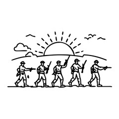 silhouette of soldiers at sunset icon, silhouette of soldiers at sunset line art - simple line art of silhouette of soldiers at sunset, perfect for silhouette of soldiers at sunset logos and icons
