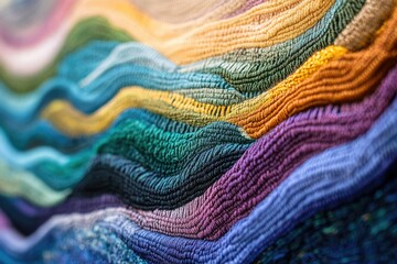 A vibrant textile artwork showcasing a wave-like pattern in a spectrum of colors.