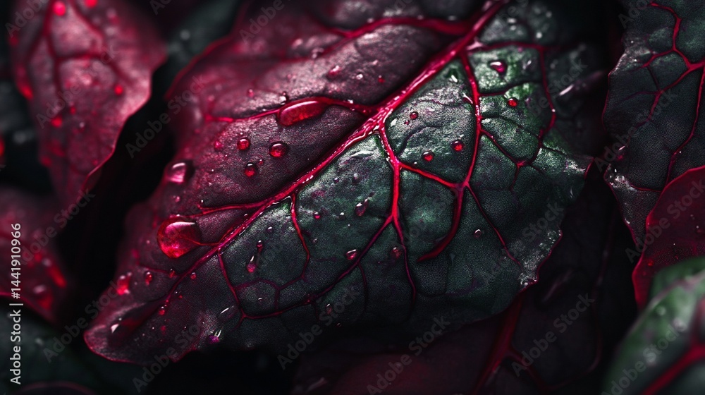 Poster close-up of dark red leaves with water droplets, showing intricate vein details.