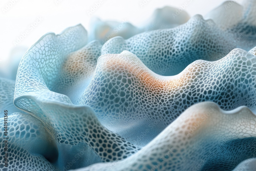 Poster Abstract image of a flowing, textured, light-blue net-like material forming undulating waves.