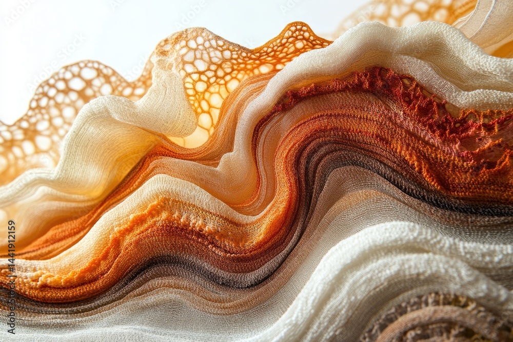 Poster abstract textile art with layered, wavy fabrics in earth tones creating a mesmerizing landscape.