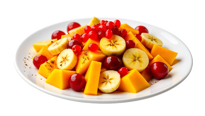 A colorful plate of mixed fruit chaat isolated on a white background.