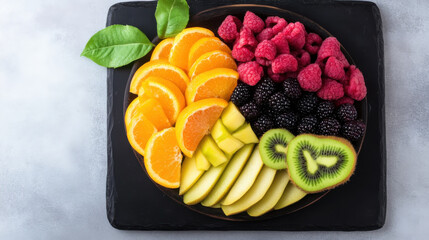 Fresh fruit platter featuring sliced oranges, kiwis, apples, raspberries, and blackberries, perfect for healthy snack