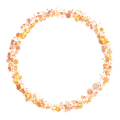 Gold sparkle or glitter lights effect round or circle frame, transparent light bokeh, isolated. Golden border, jewel deco art. Shining dust glowing confetti. Spark object. Png