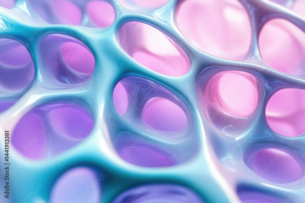 Poster abstract 3d render of a vibrant, interconnected, fluid network with pastel colors.