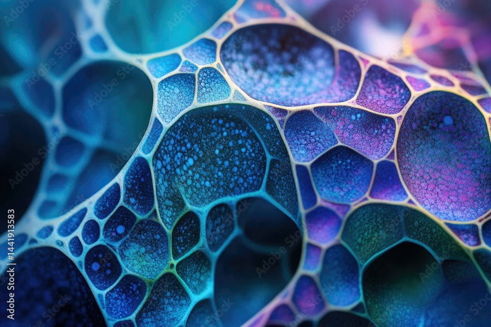 Poster abstract close-up of a vibrant, biomorphic structure with interconnected, bubbly cells in shades of 