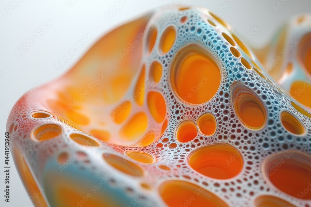 Poster abstract 3d rendering of a vibrant orange and blue organic form with a porous, bubble-like texture.