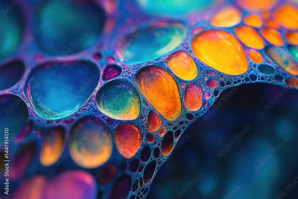 Poster vibrant, iridescent soap bubbles form intricate, colorful patterns and textures.