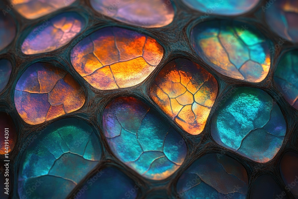 Poster Abstract iridescent texture resembling a network of interconnected, cracked, gemstone-like cells.
