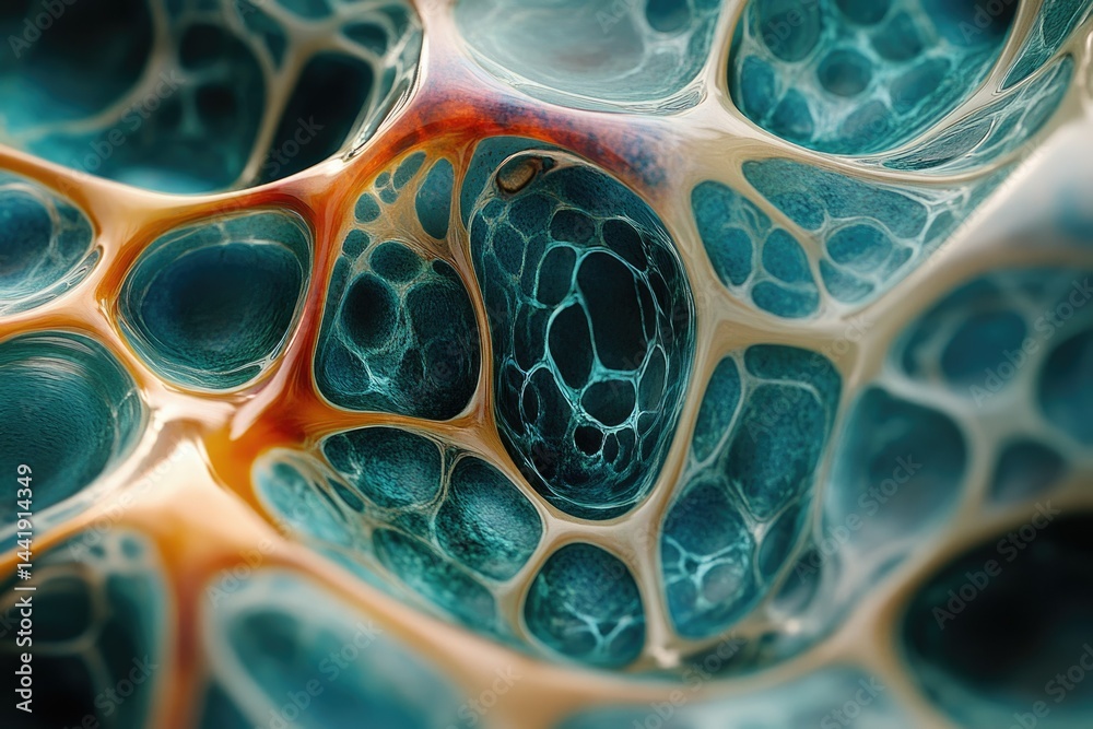 Leinwandbilder abstract 3d render of a teal and orange organic structure resembling a cellular network or alien lan