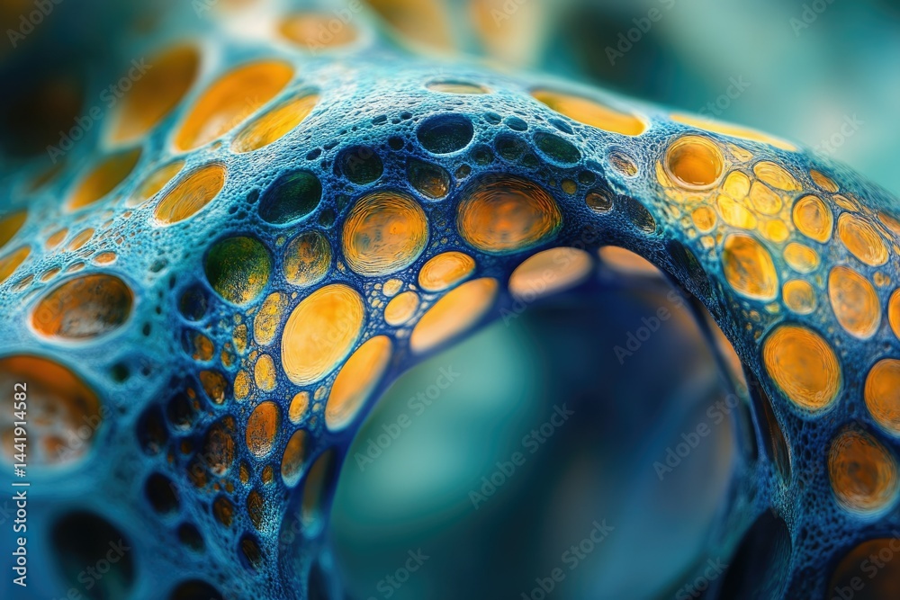 Poster abstract close-up of a blue and gold organic structure with interconnected bubble-like cavities.