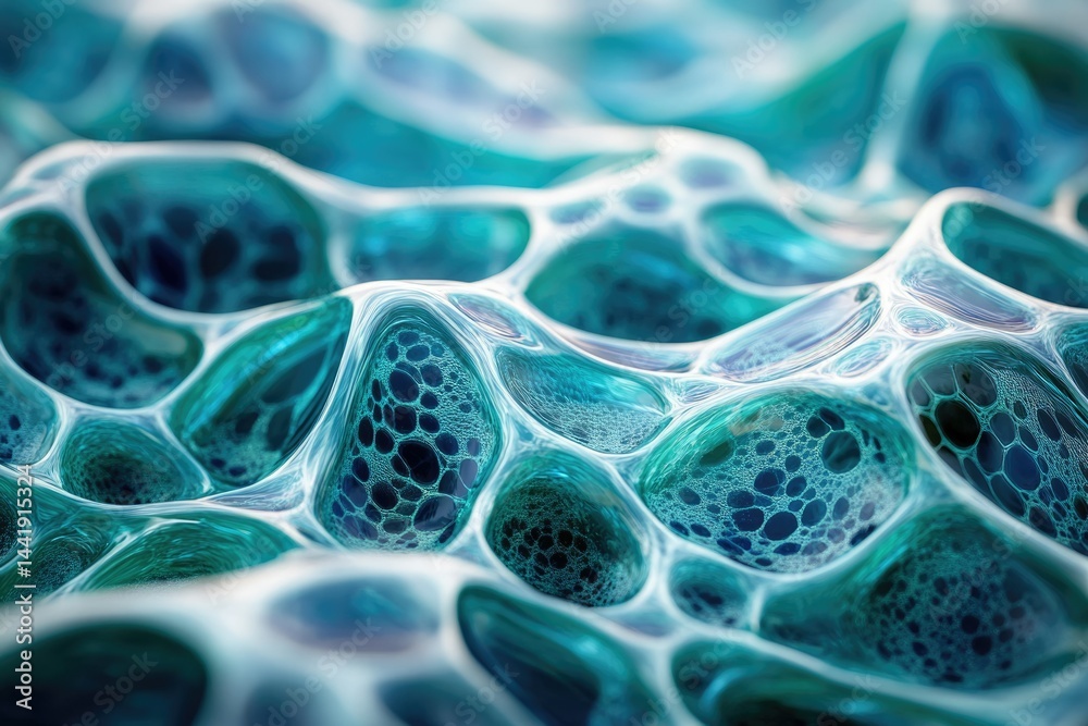 Poster Abstract close-up of a turquoise, biomorphic, cellular structure with interconnected bubbles.