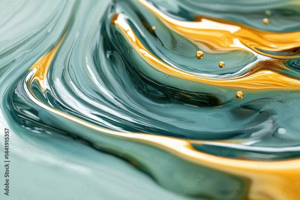 Fototapete abstract image of teal and gold liquid swirls, creating a luxurious and elegant visual effect.