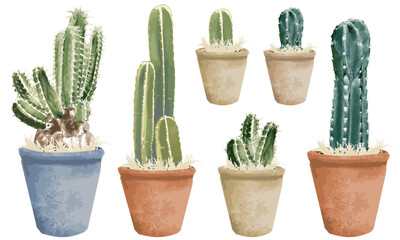 水彩でラフに描いたサボテンのイラスト素材セット