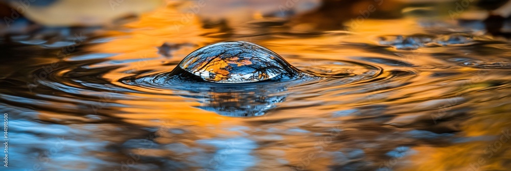Aufkleber water droplet floats on a surface, creating ripples and reflections.