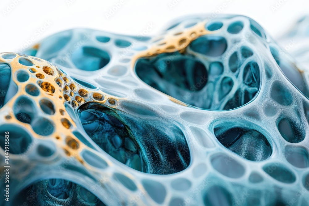 Poster abstract 3d render of a turquoise and gold organic structure resembling a porous network.