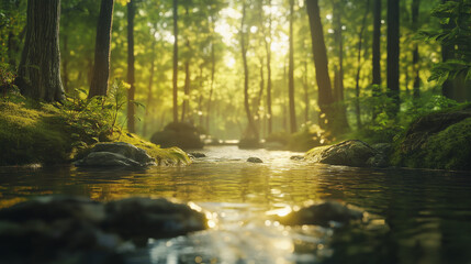 A peaceful forest river at golden hour, sunlight piercing through dense trees, mossy rocks and clear water reflections, realistic nature photography with rich textures and depth of field