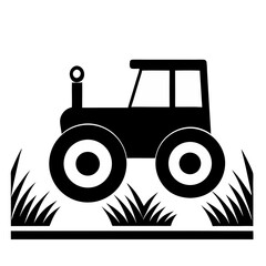 Black And White Silhouette Of A Tractor On A Field Of Grass
