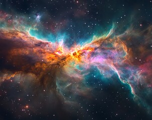 Fototapeta premium A painting of a colorful galaxy with a bright yellow star in the center