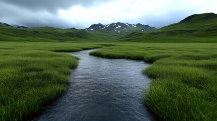 Fototapeta premium Serene mountain valley with flowing stream. Lush green grass, gentle hills, and a clear stream wind through the valley. A backdrop of distant, snow-capped peaks. Tranquil, idyllic landscape
