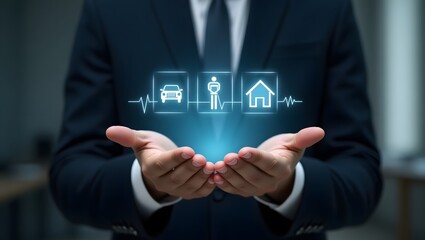Man in suit holding glowing icons of car person and house representing insurance needs protection