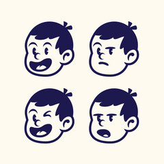 Set of four cute cartoon boy faces with playful, funny expressions. Ideal for stickers, branding, kids’ designs, emojis, and comic illustrations