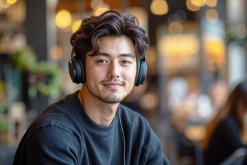 Modern casual listening experience with wireless headphones in a cozy cafe setting for lifestyle blogs and music promotions