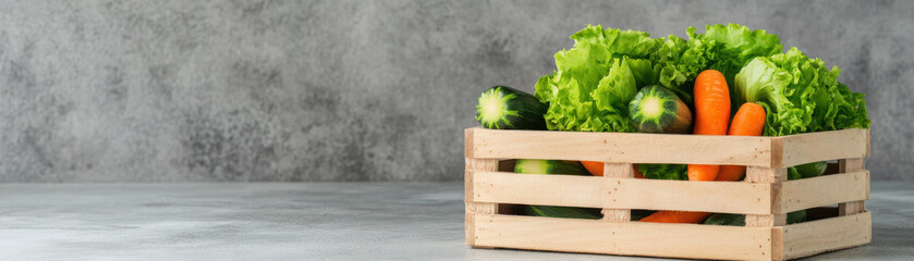 Fresh vegetables in wooden crate, including lettuce, cucumbers, and carrots, create vibrant and healthy display