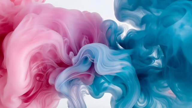 Swirling clouds of pink and blue ink merge in water, creating a dreamy abstract visual perfect for background use, modern art themes or visual storytelling
