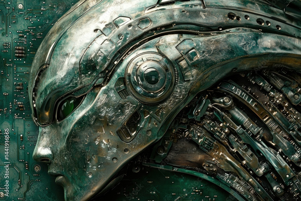 Poster a weathered metallic robotic head, intricate details showcase advanced technology and a worn aesthet