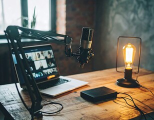 A cozy podcasting setup featuring a laptop displaying a video call, a professional microphone on a stand, an audio interface, and a decorative vintage-style lamp on a wooden desk.