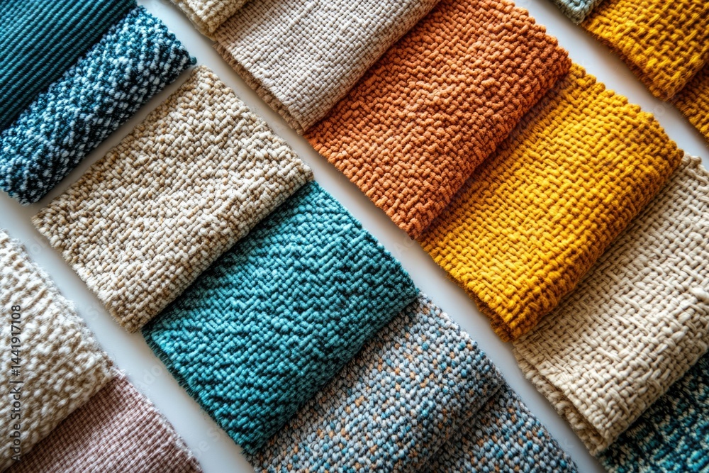 Poster a collection of colorful knitted or crocheted fabric samples in various textures and shades.