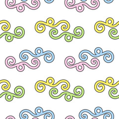 Cute decorative abstract geometric doodle seamless pattern featuring colorful swirls and curls in pastel tones on a white background. Perfect for nursery, wallpaper, wrapping paper and gift box.