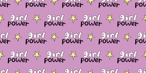 Girl power - hand drawn vector seamless pattern with lettering for your design. Cute bright pink background, texture with woman motivational slogan for feminism theme