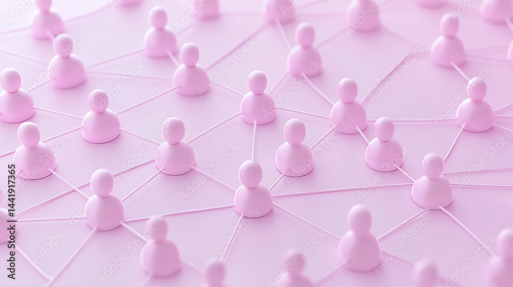 Poster abstract network of interconnected pink figures on a pink background.