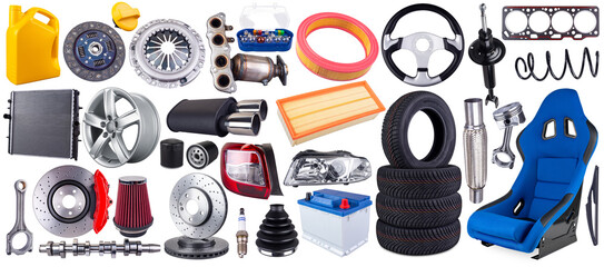 huge set collection  of  car parts including wheels, tires, filters, and engine components isolated...