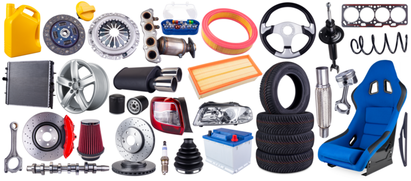 huge set collection  of  car parts including wheels, tires, filters, and engine components isolated white background. automotive vehicle repair and service industry concept.
