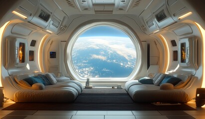 Obraz premium A space station with a large window that shows the Earth