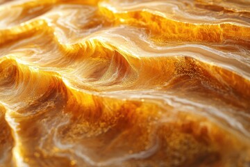 Abstract art depicting flowing, golden waves with white highlights, resembling molten metal or sand dunes.