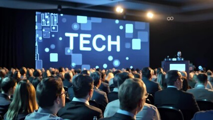 Large conference hall, large screen, audience