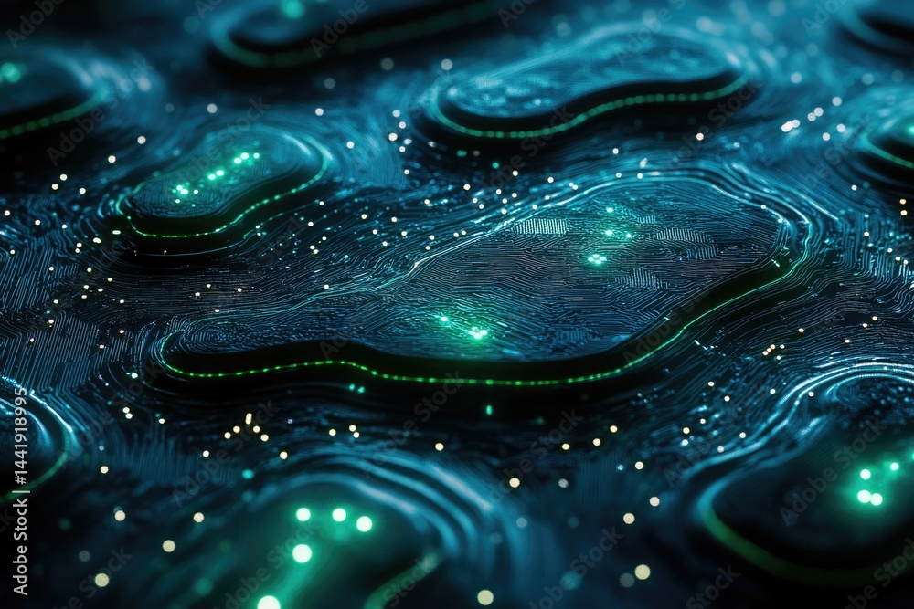 Poster abstract digital landscape with glowing circuit board texture, depicting futuristic technology.
