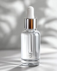 Clinical clean wellness product mockup A sleek glass dropper bottle with a clear serum, elegantly styled against a soft, natural background, perfect for beauty and skincare.