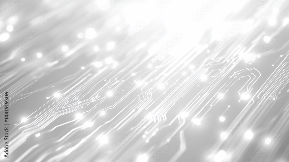 Poster Abstract grayscale background with glowing circuit lines and nodes, suggesting technology and innovation.