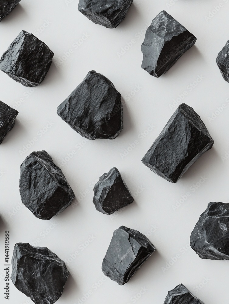 Poster overhead shot of scattered black rocks on white background forming a pattern.