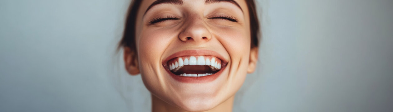 Smiling young woman with bright teeth radiating joy and happiness, showcasing warm and inviting expression
