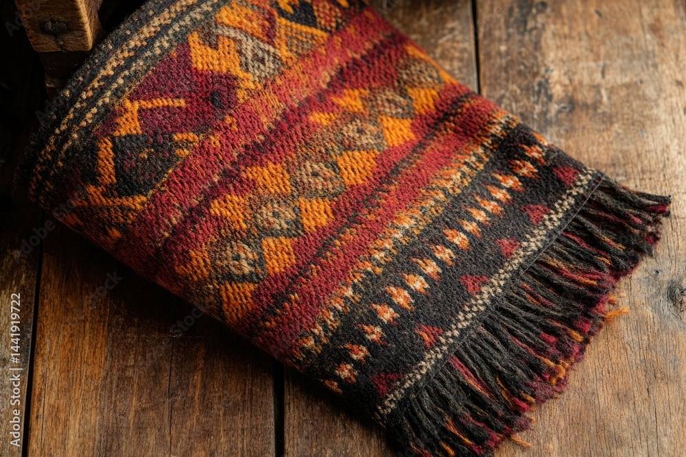 Poster a richly textured woolen throw with intricate geometric patterns in autumnal hues, showcasing handcr