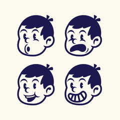 Set of four cute cartoon boy faces with playful, funny expressions. Ideal for stickers, branding, kids’ designs, emojis, and comic illustrations