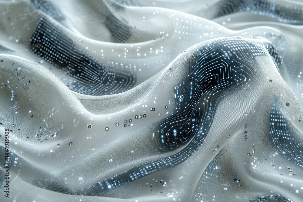 Poster Abstract digital fabric with circuit board pattern, flowing and wavy, representing technology and data.